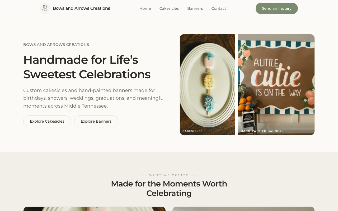 Bows and Arrows Creations homepage showing custom cakesicles and hand painted banners