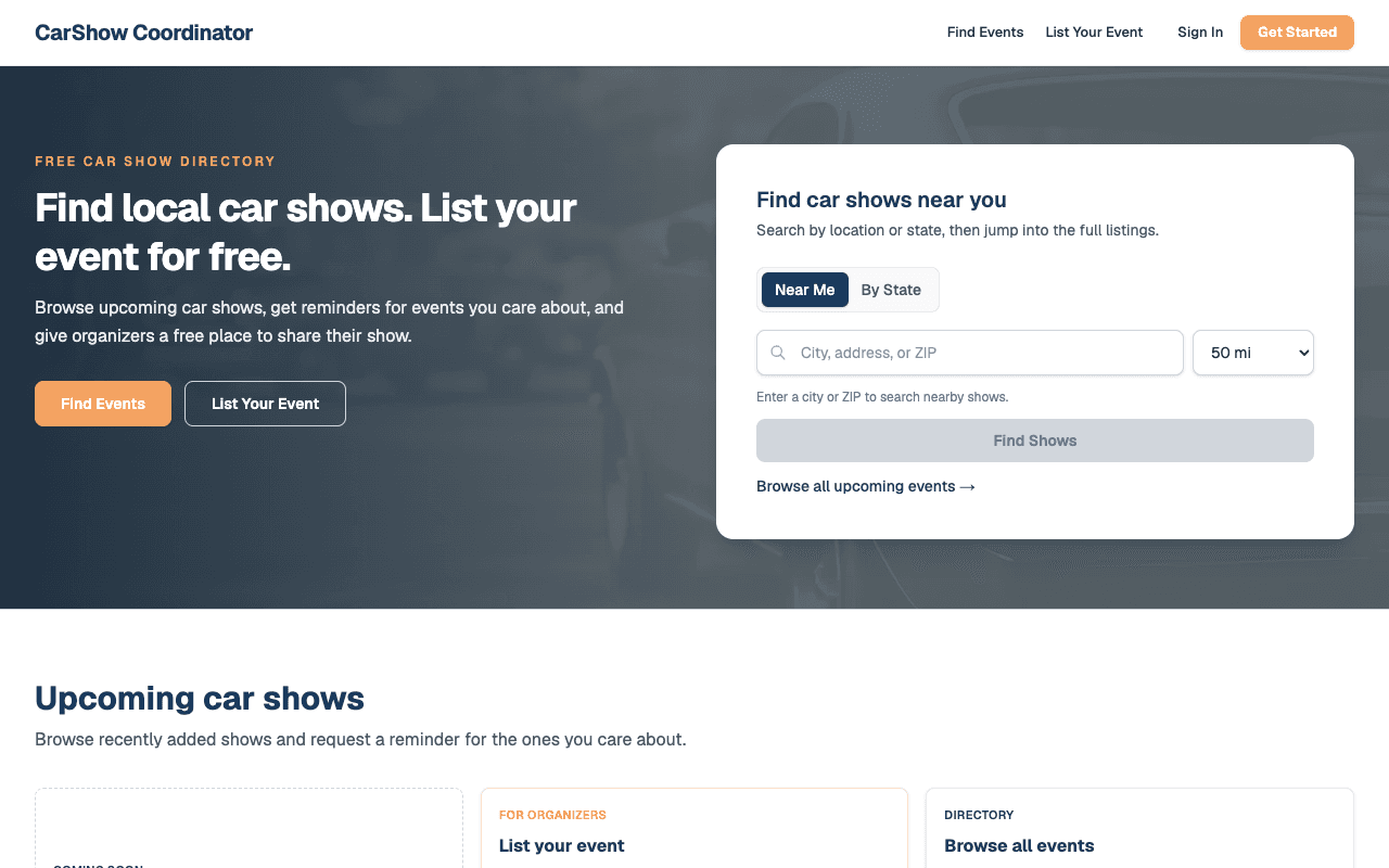 CarShow Coordinator homepage showing event management for car show organizers