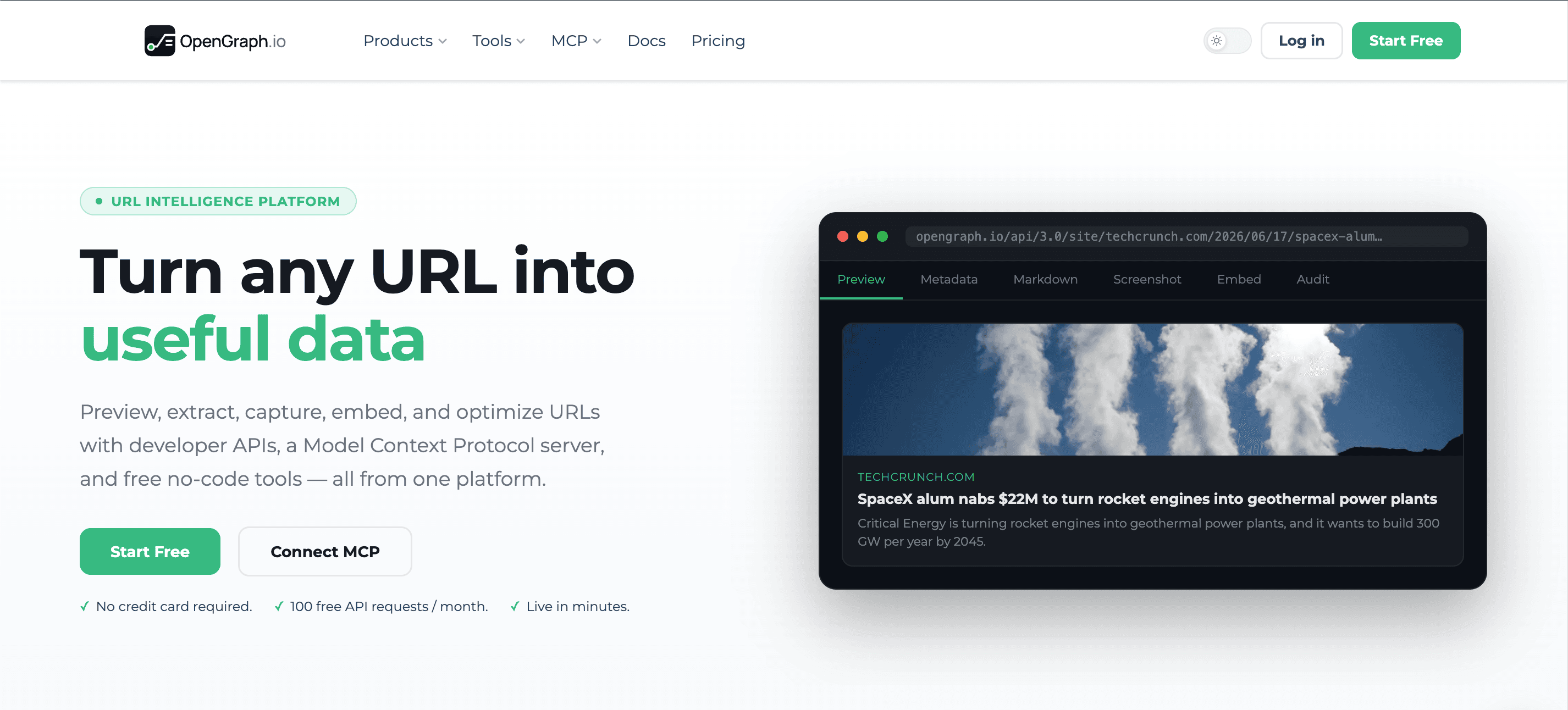 OpenGraph.io homepage showing developer tools for webpage data extraction
